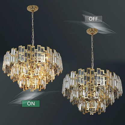 Crystal Chandelier Plated Gold Modern Round Chandeliers for Dining Room Bedroom Kitchen Entryway Chandelier Contemporary Pendant Ceiling Light Fixture Hanging W24.4 10-Light 3-Tier