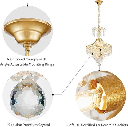 WUZUPS Clear Crystal Chandelier Pendant Flushmount Ceiling Light Modern Lighting Fixture for Bedroom Hallway Bar Kitchen Bathroom, H 20.1" x W 14.7", Gold, G9 Base