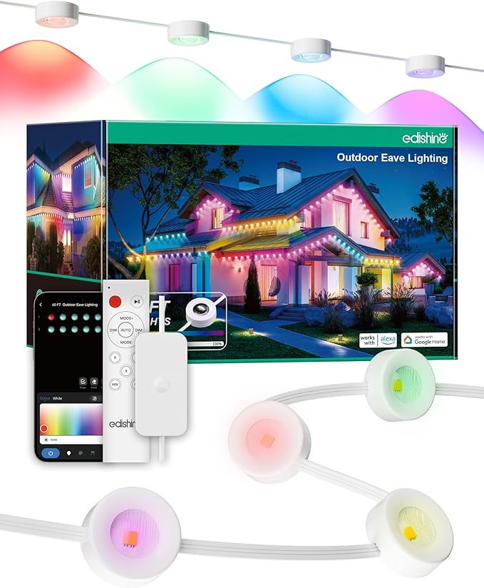 EDISHINE 120ft Smart Outdoor Permanent Lights, 80 RGB+IC LED Eave Lights, App/Voice/Remote Control, 50 Scene Modes for Party & Holiday Decor, IP67 Waterproof Outdoor Decor Lights