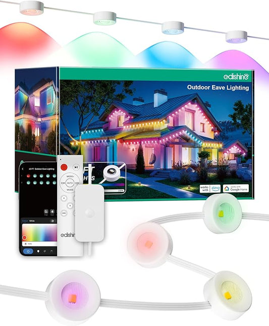EDISHINE 120ft Smart Outdoor Permanent Lights, 80 RGB+IC LED Eave Lights, App/Voice/Remote Control, 50 Scene Modes for Party & Holiday Decor, IP67 Waterproof Outdoor Decor Lights