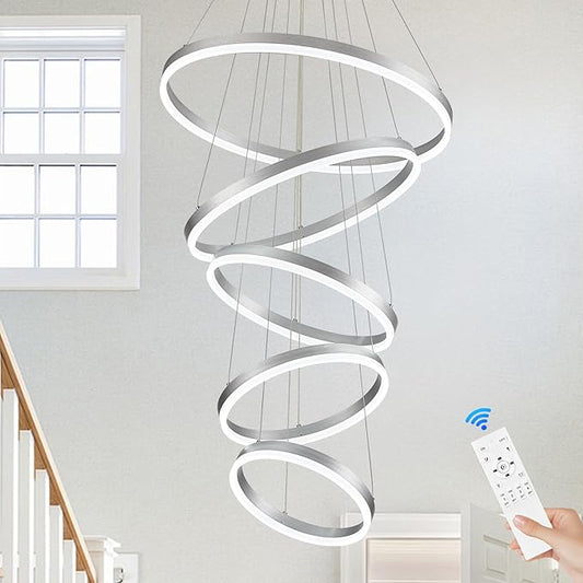 Modern LED Chandelier for Foyer Dimmable Silver High Ceiling Chandeliers Foyer with Remote Control for Entryway Dining Room Living Room Staircase, 3000K-6500K(5-Rings D23.6’’)