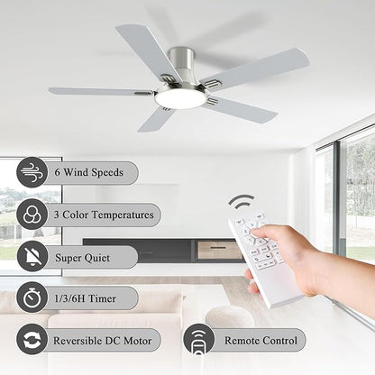 SNJ 52 Inch Brushed Nickel Ceiling Fans with Lights and Remote,Flush Mount Low Profile 5 Blades Ceiling Fan,Dimmable Quiet Reversible DC Motor for,Living Room,Bedroom and Patio