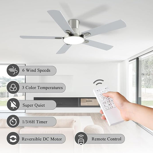 SNJ 52 Inch Brushed Nickel Ceiling Fans with Lights and Remote,Flush Mount Low Profile 5 Blades Ceiling Fan,Dimmable Quiet Reversible DC Motor for,Living Room,Bedroom and Patio