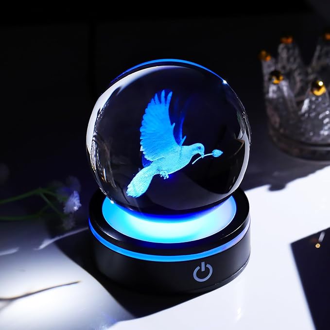 YWHL 3D Peace Dove Figurine Crystal Ball with Colorful Light Base, Dove Gifts for Women Men Best Friend on Christmas Birthday, Laser Engraved Glass Pigeon Statue Sphere for Home Decor(80mm)