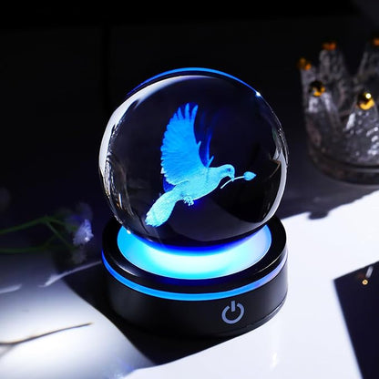 YWHL 3D Peace Dove Figurine Crystal Ball with Colorful Light Base, Dove Gifts for Women Men Best Friend on Christmas Birthday, Laser Engraved Glass Pigeon Statue Sphere for Home Decor(80mm)