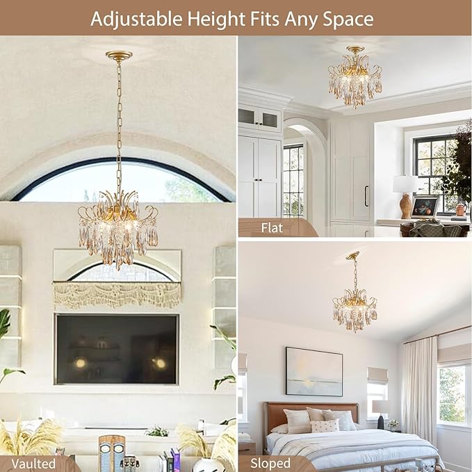 Gold Crystal Chandeliers for Dining Room 4-Light Modern Luxury Light Fixture for Living Room Bedroom Pendant Ceiling Hanging Light, Mid Century