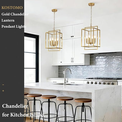 4-Light Gold Lantern Chandelier, Rustic Farmhouse Rectangle Pendant Light, Adjustable Height Modern Dining Room Light Fixture for Kitchen Island Living Room Entryway Foyer 10.8Inch