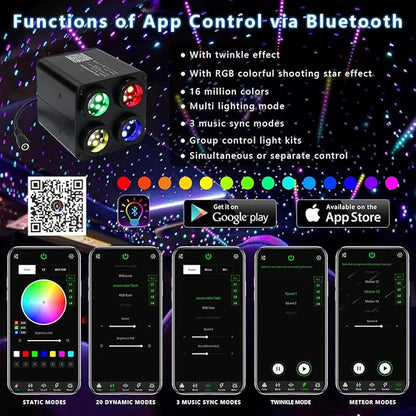 AKEPO 36W 4 Color Twinkle Fiber Optic Starlights Headliner Lights Kit, Optical Fibers Music Sync Bluetooth APP Control Starlight Kit, 2400pcs*13.1ft +240pcs Colorful Shooting Star
