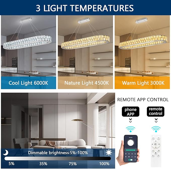 40'' Modern Oval Chandelier Crystal Chandeliers for Dining Room Round Ceiling Light Fixture for Living Room Lighting LED Dimmable with Remote Ring Lights Silver