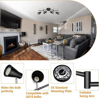 LABOREDUCER Track Lighting Fixture Ceiling, LED Flexible Track Lights with Swing Arm, 4-Light Directional Black Flush Mount Ceiling Spotlight for Kitchen, Living Room (GU10 Bulbs NOT Included)