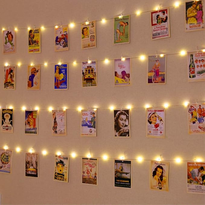 HXWEIYE Warm White Photo Clips String Light, Timer & 8 Modes, 33Ft 100LEDs Battery Powered Fairy Light with 52 Clear Clips & 12 Hooks on Wall for Hanging Picture,Bedroom Party