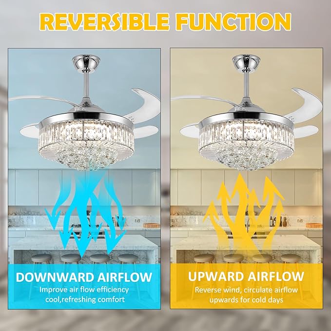 36" Invisible Ceiling Fan Chandelier Light,Modern Crystal Ceiling Fan Light Remote Control 4 Retractable ABS Blades for Bedroom Living Room Dining Room Decoration (Silver)