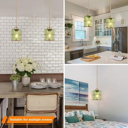 Farmhouse Pendant Lights Kitchen Island Set Of 2, Black Kitchen Pendant Lighting Over Sink, Adjustable Bathroom Pendant Lights, Ceiling Hanging Fixture With Green Glass For Dining Room Hallway