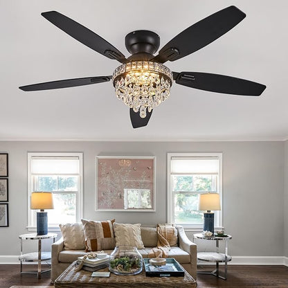 Crystal Ceiling Fan Fandelier with Lights-Ceiling Fans with Lights,54" Low Profile and Remote Control, Flush Mount, Reversible, Dimmable, Noiseless, Black Ceiling Fan for Bedroom
