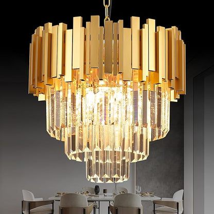 3-Tier 15.8" Crystal Gold Chandelier Modern Crystal Pendant Chandeliers 5 Lights Round Hanging Lighting for Dinning Room Kitchen Island Bedroom Living Room Foyer Entryway, E12
