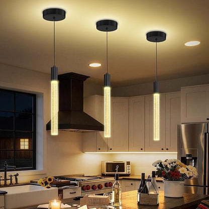 Modern Black Crystal Column Pendant Light Kitchen Island Dimmable LED Lighting Adjustable Hanging Pendant Lighting