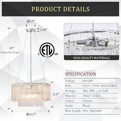 Modern Chrome Chandeliers, 20” 7-Light Crystal Glass Ceiling Pendant Light Fixtures Luxury Round Chandelier 2 Tiers Hanging Lighting for Dining Room Foyer Living Room Bedroom