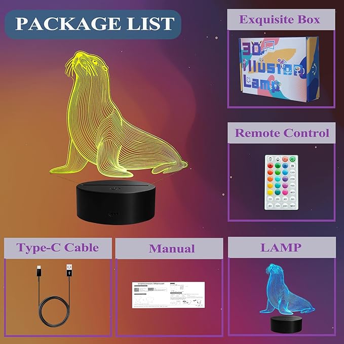 Seal 3D Night Light, Seal Gifts with Remote Control, 16 RGB Colors, 4 Flashing Modes, Timer, Dimmable, Seal Animal Toys, Stuff and Ornament for for Holiday Birthday Christmas