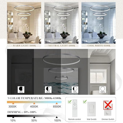 Modern Silver LED Chandeliers 3 Rings Chandelier 23.6" Dimmable LED Pendant Light Fixture Remote Control Contemporary Flush Mount Chandelier for Dining Room Bedroom Foyer, 3000-6500K