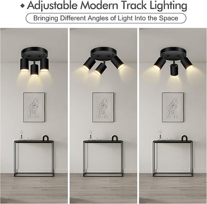 3 Light Track Lighting Fixtures Ceiling, Matte Black Round Directional Ceiling Spotlight, GU10 Flush Mount Ceiling/Wall Fixture, Adjustable Modern LED Track Light for Kitchen/Living Room, No Bulb
