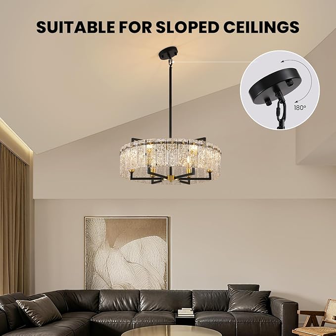 23.62" Gold Water Ripple Glass Chandeliers, 6-Light Modern Round Chandelier, Luxury Drum Chandelier Lighting Fixtures for Living Room Dining Room Kitchen Bedroom Foyer Hotel