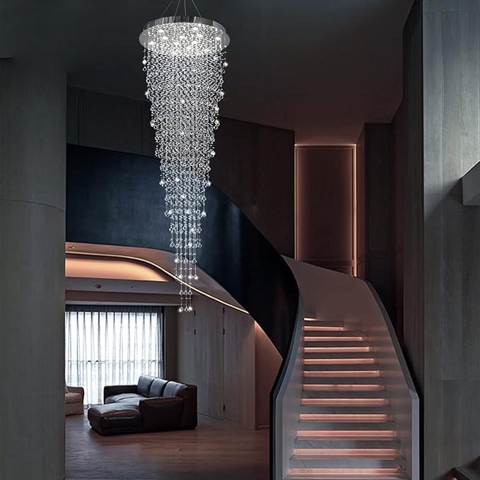 Modern Large Crystal Chandelier for High Ceilings, Raindrop Round Large Foyer Chandelier, Luxury Flush Mount Ceiling Light Fixture for Stairse Entryway Living Room Dia 32" x H 96"-12 Lights
