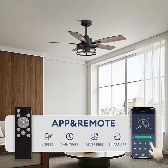 42 Inch Ceiling Fans with Lights and Remote Control, Farmhouse Ceiling Fan with LED Lighting for Bedroom Living Room and Patio, Black Caged Ceiling Fan for Indoor and Outdoor(NO Bulbs)
