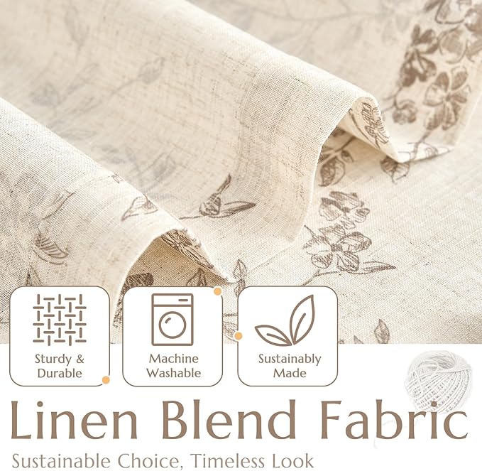 jinchan Floral Linen Kitchen Curtains with Attached Valance 36 Inch Length Farmhouse Cafe Tier Curtains for Living Room Bathroom Rustic Half Window Light Filtering Small Drapes 2 Panels Taupe