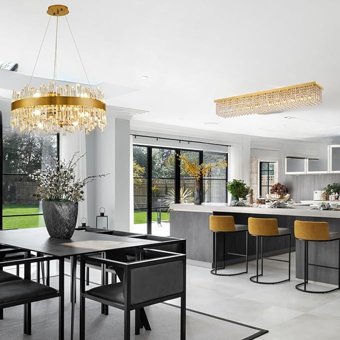 Siljoy 13-Light Modern Crystal Chandelier, Large Rectangular Gold K9 Crystal Raindrop Chandelier, Dimmable Flush Mount Crystal Ceiling Light for Dining Room Living Room Kitchen Island L59''