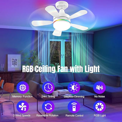 Modern Ceiling Fans with LED Lights, LED E26/E27 Screw Base Mini Light Socket Fan with Cord for Bedroom, Living Room, Kitchen, Balcony (RGB)