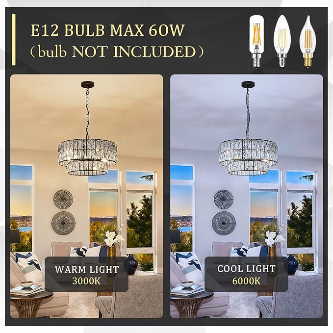 CATINER Black Crystal Chandelier 6-Lights Luxury Crystal Pendant Chandelier 20'' Drum Semi Flush Mount Ceiling Lights for Dining Room Foyer Living Room Bedroom Kitchen