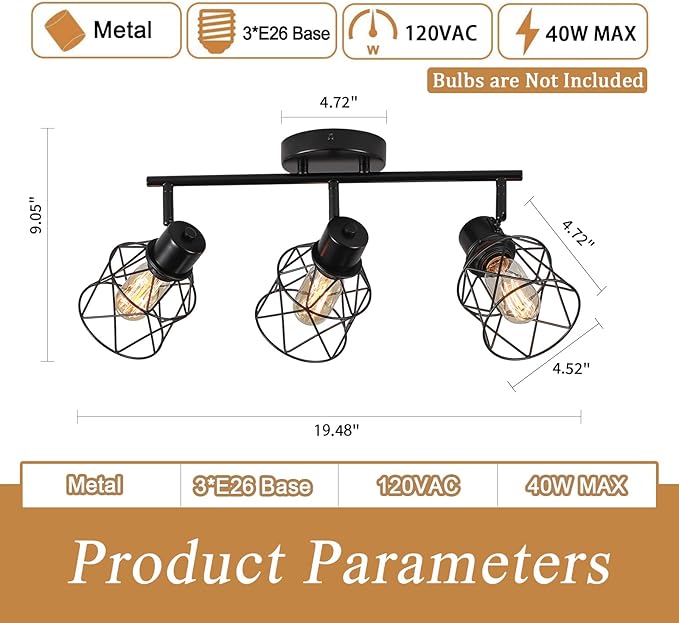 3 Lights Adjustable Multi-Directional Black Light Fixtures, Semi Flush Mount Ceiling Light, Kitchen Light Fixtures, Track Lighting Fixtures Metal Cage Industrial Spotlight Fixtures for Dining Room