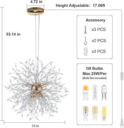 SineRise Modern Crystal Chandeliers Firework, Crystal Light Fixture, Dandelion Chandelier (8-Light, Gold) for Foyer Hallway Entryway Kitchen Bedroom with Plug in