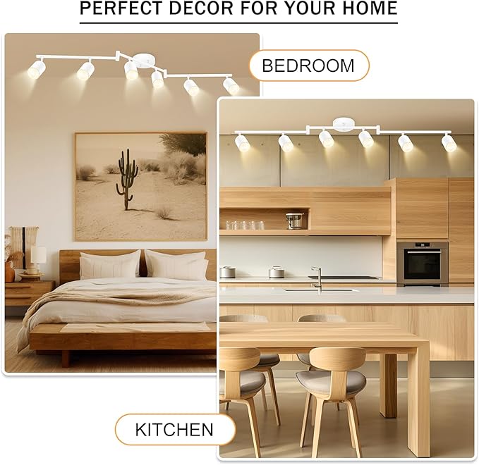 BoostArea LED 6 Light Track Lighting Kit, White 6 Way Ceiling Spot Lighting, Flexibly Rotatable Light Head for Kitchen, Living Room, Bedroom, GU10 Bulb Not Included