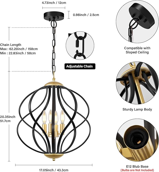 YURNYQ Modern Black and Gold Chandelier for Dining Room, 4 Lights Geometric Chandeliers, Sphere Chandelier Industrial Large Pendant Light Fixtures Hanging for Kitchen, Entryway, Foyer, Stairs