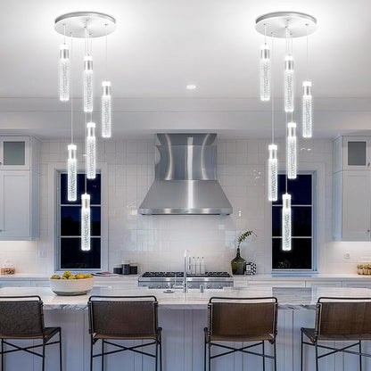 Long Crystal Column Chandelier for High Ceiling Modern LED Crystal Raindrop Chandeliers for Living Room Foyer Chandelier Lighting,3000k-6000K,6-Light Silver