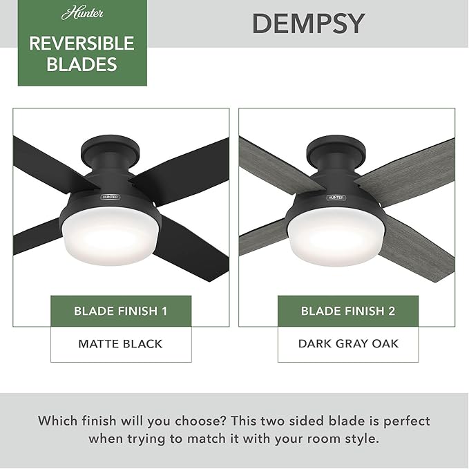 Hunter 44 inch Indoor Ceiling Fan with LED Light and Remote Control - Black Modern Ceiling Fan, Low Profile Mount, 4 Blades, for Bedroom, Living Room, or Kitchen, Quiet - Dempsey 52390, Matte Black