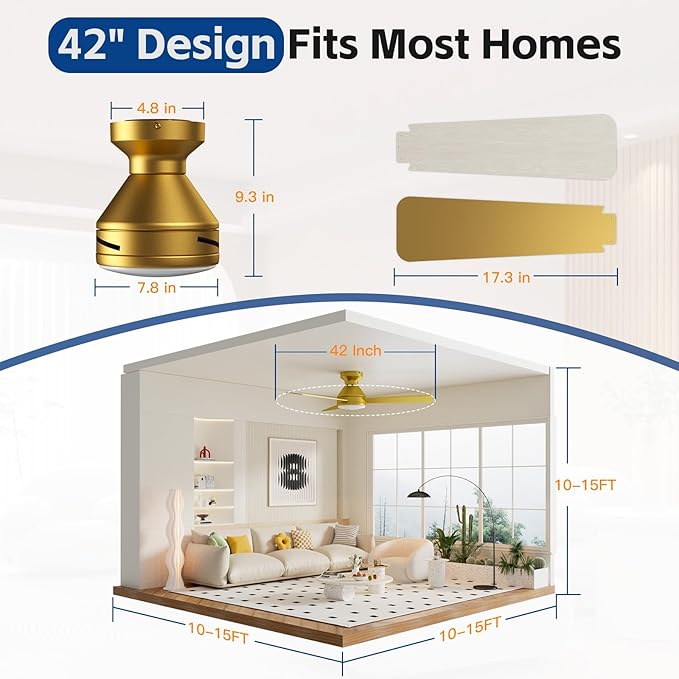 Ceiling Fans with Lights, 42 Inch Ceiling Fan with Light And Remote, 3CCT Flush Moun Low Profile Ceiling Fans, 6 Speed Noiseless LED Ceiling Fan, All Gold Ceilings Fan for Bedroom Living Room