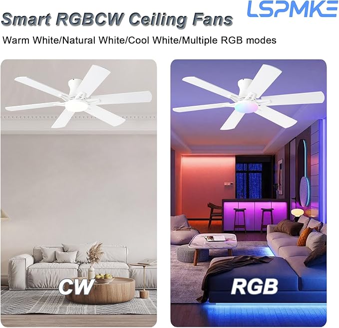 Ceiling Fans with Lights, 52" Flush Mount Ceiling Fan with Light and Remote, Quiet, Reversible, 3CCT, Dimmable, White, RGB, Low Profile Ceiling Fan for Bedroom, Living Room, Indoor/Outdoor Use