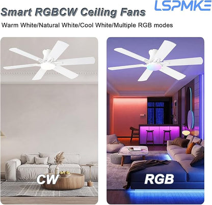 Ceiling Fans with Lights, 52" Flush Mount Ceiling Fan with Light and Remote, Quiet, Reversible, 3CCT, Dimmable, White, RGB, Low Profile Ceiling Fan for Bedroom, Living Room, Indoor/Outdoor Use