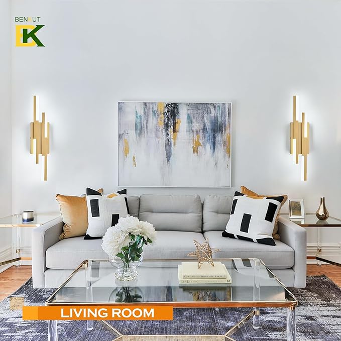 Benkut Modern LED Vanity Lights Set of 2, Gold Wall Sconce with Remote Control Dimmable Indoor Wall Light Bedside Remote Sconce for Bedroom Bathroom Living Dining Room (2 Pack H19.7’’)