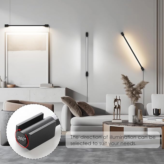 Aipsun 23.6inch Plug in Wall Sconces Black Wall Light with Remote Modern LED 3 Color Temperatures Sconces Wall Lighting for Living Room Bedroom Hallway