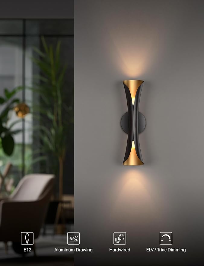 Tubicen Wall Sconces Up and Down Dimmable Black and Gold Movie Theater Sconce Lights Hardwired 15.7" H Modern Indoor Decorative Wall Lights for Living Room Bedroom Hallway Stairs