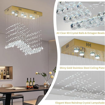 Modern Gold Wave Rectangular Chandelier for Dining Room Over Table, 6-Lights Raindrop Elegant Ceiling Light Fixture for Kitchen Island, Funny Flush Mount Pendant Light for Kids/Girls Room