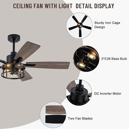 52" Farmhouse Ceiling Fans with Lights, Caged Ceiling Fan with Light and Remote,Reversible Motor,5 Double Finish Wood Blades,Black Rustic Industrial Ceiling Fan for Living Room/Dining Room