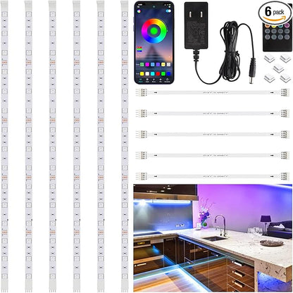 6 PCS RGB Under Cabinet Lighting Kit, App and Remote Control Led Strip Lights, Music Sync Color Changing Led Lights with ETL Listed Power Adapter, for Cabinet, Counter, Shelf, Bookcase, 9.8ft
