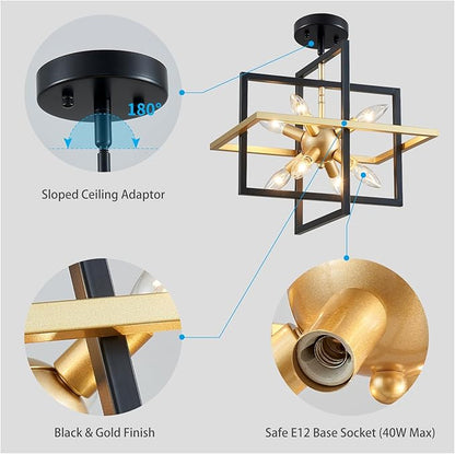 XINGQI Modern Geometric Pendant Lighting 8-Light Black and Gold Farmhouse Chandelier Ceiling Light Fixtures for Dining Room Living Room Kitchen Island Bedroom Hallway