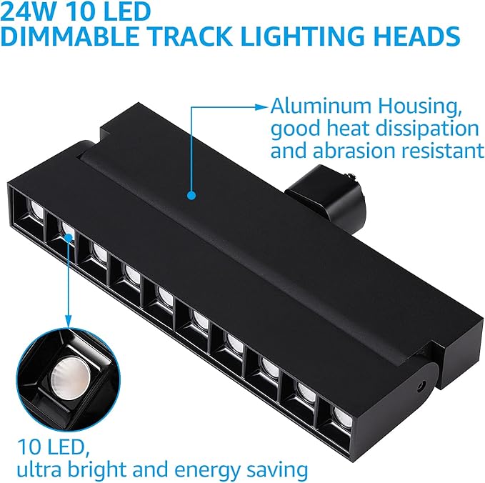 LEONLITE 24W Dimmable LED Track Lighting Heads, for H Type Track Rails, 100-277V, ETL Listed, CRI90, 1300LM, Flicker Free Ceiling Track Light Fixtures for Art, 3000K Warm White, Black, Pack of 2