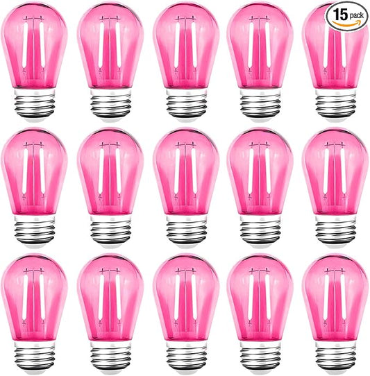 15 Pack S14 LED String Light Bulbs, Shatterproof 2 Watt Pink Replacement Bulbs for Outdoor String Light, Waterproof Decorative E26 Base Pink Filament Edison Christmas Light Bulbs, 120V