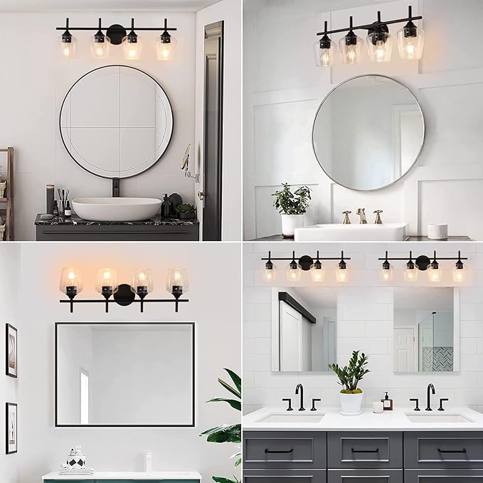 4-Light Bathroom Light Fixtures, Matte Black Vanity Lights with Clear Glass Shades, Modern Wall Lights for Mirror Kitchen Living Room Hallway Cabinet Porch